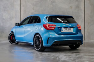mercedes benz a45 blue hatchback rear view
